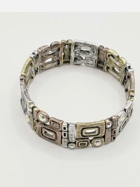Premier Designs "Century" Tri-Tone Geometric Stretch Bracelet w/ Crystal Accents